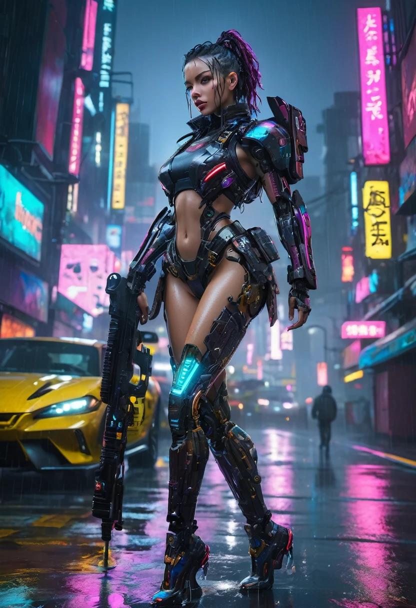 Cyberpunk neon city at rainy night, Highly detailed and beautiful female cyborg warrior standing in the rain, intricate mechanical parts, glowing cybernetic enhancements, flawless skin, delicate facial features, beautifully detailed eyes, sharp nose, full, Beautifully detailed lips, long eyelashes, highly detailed eyes and face, perfect and ideal proportions, big , tight waist, big butt, seductive look, six pack, belly button, tattoos, Cyber Rifle aimed at viewer, rain effect, neon lights, wet asphalt, puddles, skyscrapers, dark cloudy sky, moody atmosphere, dramatic lighting, cinematic composition, vibrant colors, intricate futuristic armor, graceful pose, piercing gaze, (Highest Quality, 4k, 8k, High Resolution, Masterpiece:1.2), ultra detailed, (Realistic, Photorealistic, Photorealistic:1.37), complex machinery, advanced technology, dynamic action, dramatic shadows, cinematic angles, intense expressions, dramatic lighting, neon highlights, intricate patterns, futuristic settings, ultra detailed faces, cinematic composition, dynamic poses, intense atmosphere, rich colors, advanced weaponry, cyberpunk, sci-fi, digital art, mecha,