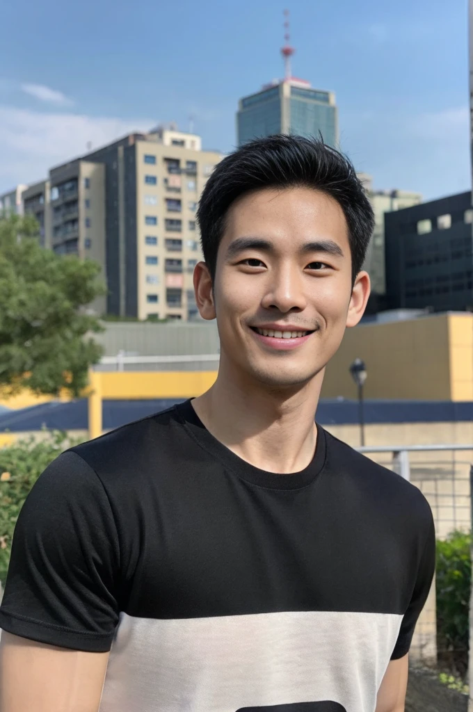 Korean man, Inspiration from Peng Yuyan, 23 years old, Korean muscular man ，The computer room is in the back, tight sports t-shirts, navy blue., open mouth smile