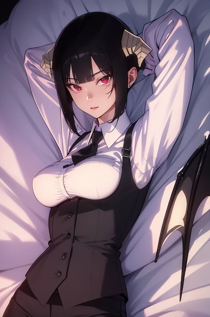 work of art, best qualityer, high resolution, 1girl horns short hair demon tail, white shirt black ascot black gloves black pants black vest lying on your back, sheet, arms up,evil smile