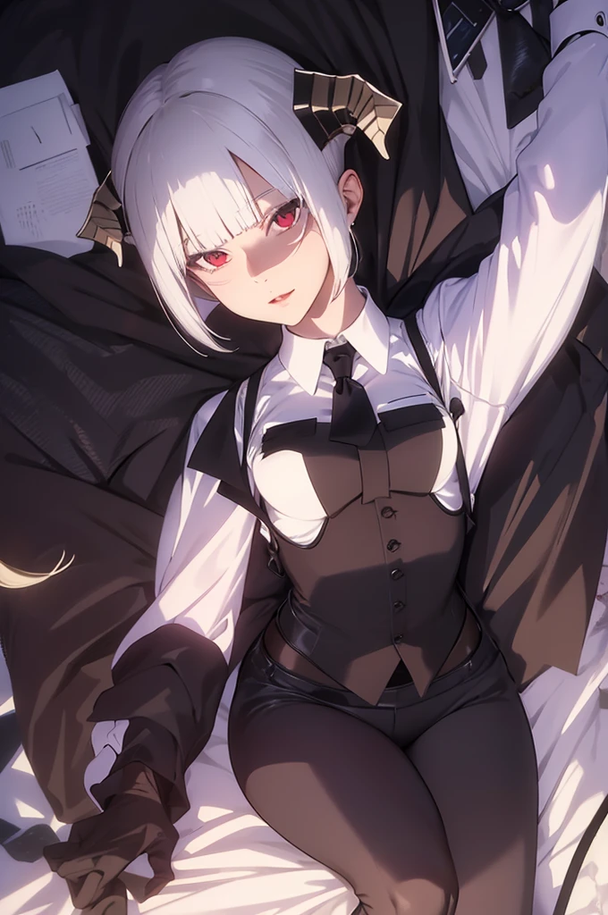 work of art, best qualityer, high resolution, 1girl horns short hair demon tail, white shirt black ascot black gloves black pants black vest lying on your back, sheet, arms up,evil smile