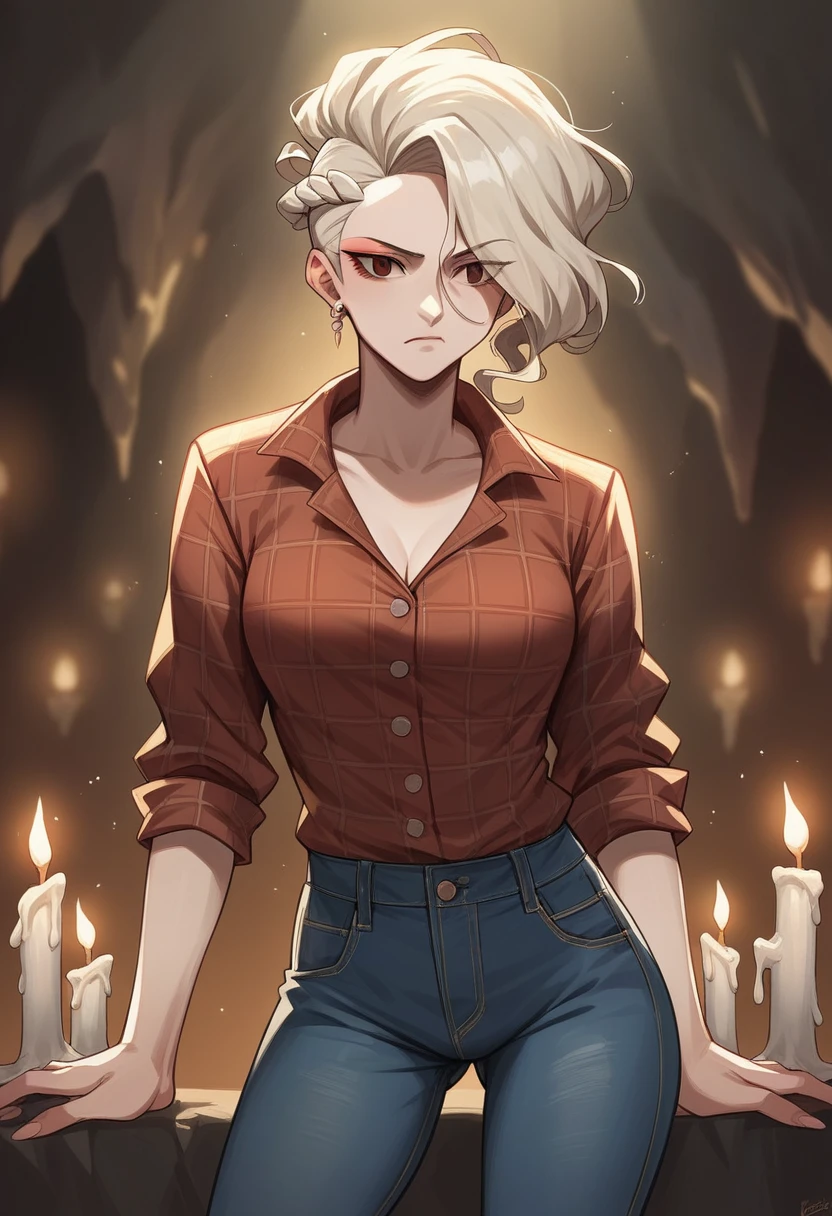 photograph of a woman, (disturbed facial expression), texturized skin, shiver, afro blonde hair, plaid flannel shirt with distressed boyfriend jeans, cowboy shot, dark and mysterious cave with unique rock formations and hidden wonders, perfects eyes, (candle light,Bright dark), Support 160 colors, Shot on ARRI ALEXA 65, bokeh, sharp focus on the subject, filmed by Don McCullin