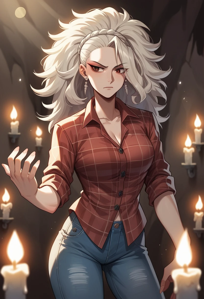 photograph of a woman, (disturbed facial expression), texturized skin, shiver, afro blonde hair, plaid flannel shirt with distressed boyfriend jeans, cowboy shot, dark and mysterious cave with unique rock formations and hidden wonders, perfects eyes, (candle light,Bright dark), Support 160 colors, Shot on ARRI ALEXA 65, bokeh, sharp focus on the subject, filmed by Don McCullin
