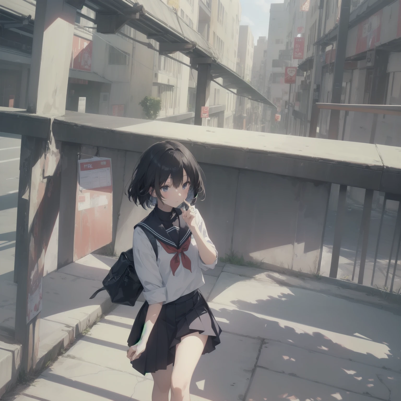 ultra-absurdres-Top quality by artist God, ultra-detailed, high resolution, anime moe artstyle, best anime 8k konachan wallpaper, pixiv contest winner, pool:2810, perfect anatomy,break, 1girl, (Please draw a girl walking sleepily to school alone. )break,(Solo,little female, 13-year-old:1.3),Full limbs, complete fingers,a junior high school student, (very short hair), short cut, flat chest, , small butt, small black eyes, beautiful detailed eyes, well-proportioned iris and pupils, expressive eyes, highres detailed hair, soft expression, salor school_uniform, sailor collar, serahuku, bow, pleated skirt,(Detailed Lighting), (Detailed background), in the School commute route. break,super detailed skin, Best cinematic lighting powered by famous artist, 8k,beauty illustration,photoshop_(medium),very aesthetic,break,((artist:enkyo_yuuichirou )), artist:clamp ,artist:carnelian ,artist:kantoku ,