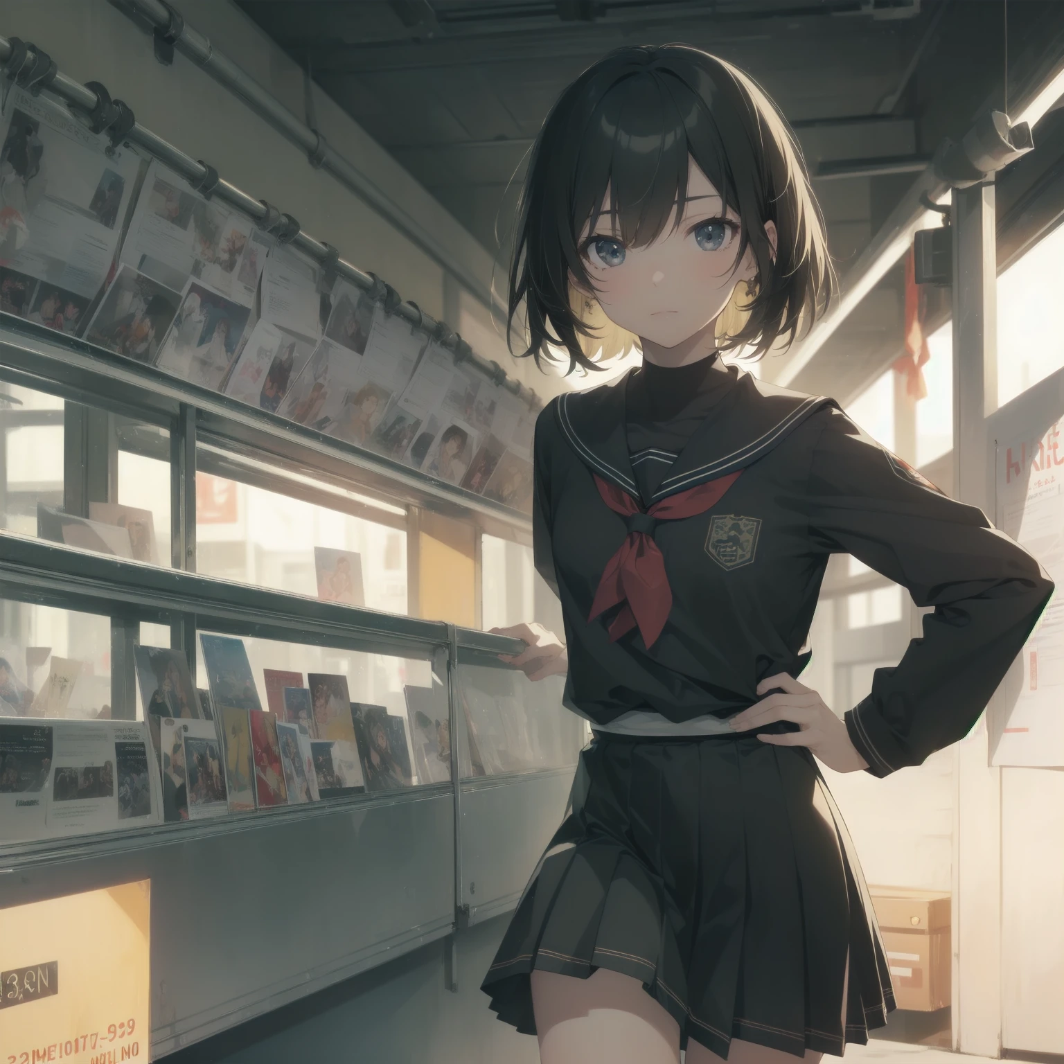 ultra-absurdres-Top quality by artist God, ultra-detailed, high resolution, anime moe artstyle, best anime 8k konachan wallpaper, pixiv contest winner, pool:2810, perfect anatomy,break, 1girl, (Please draw a girl walking sleepily to school alone. )break,(Solo,little female, :1.3),Full limbs, complete fingers,a junior high school student, (very short hair), short cut, flat chest, , small butt, smallck eyes, beautiful detailed eyes, well-proportioned iris and pupils, expressive eyes, highres detailed hair, soft expression, salor school_uniform, sailor collar, serahuku, bow, pleated skirt,(Detailed Lighting), (Detailed background), in the School commute route. break,super detailed skin, Best cinematic lighting powered by famous artist, 8k,beauty illustration,photoshop_(medium),very aesthetic,break,((artist:enkyo_yuuichirou )), artist:clamp ,artist:carnelian ,artist:kantoku ,