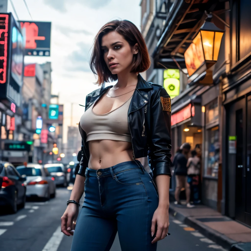 Same woman, fix both eyes, bigger pants bulge, perfect eyes, fully clothed, (masterpiece), (best quality), perfect lighting, sharp focus, 1girl, one woman, solo, best quality, award-winning photo, attractive, dynamic action scene, intimidating pose standing next to car, cyberpunk bounty hunter merc, transgender with pants penis bulge, transwoman with pants bulge, gorgeous translady, joan jett, shoulder length auburn hair, she is wearing a half zipped jacket tank top and tight blue jeans with penis bulge, (lower half male with bigger mans pants bulge, penis bulge), muscular build, small breasts, smaller breasts, puffy nipples, beautiful, highly detailed face, no glasses, high detail eyes, perfect eyes, perfect face, village, outdoors in Cyberpunk city, poor air quality, hazy background buildings, clear foreground, cyberpunk 2077, toned, cyberpunk bounty hunter, large bore revolver in hip holster, cybernetic robotic left arm, allow male pants bulge on woman, full body view, male pants bulge visible, Bulge, covered penis, puffy nipple,
