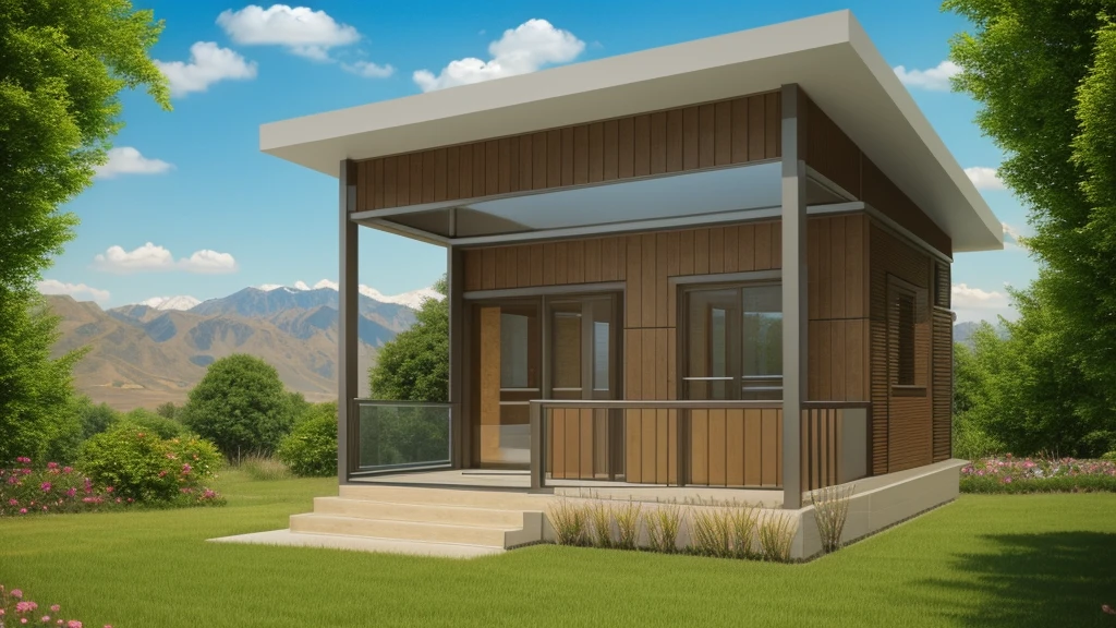 modern house flat roof, among the meadows,hill backdrop