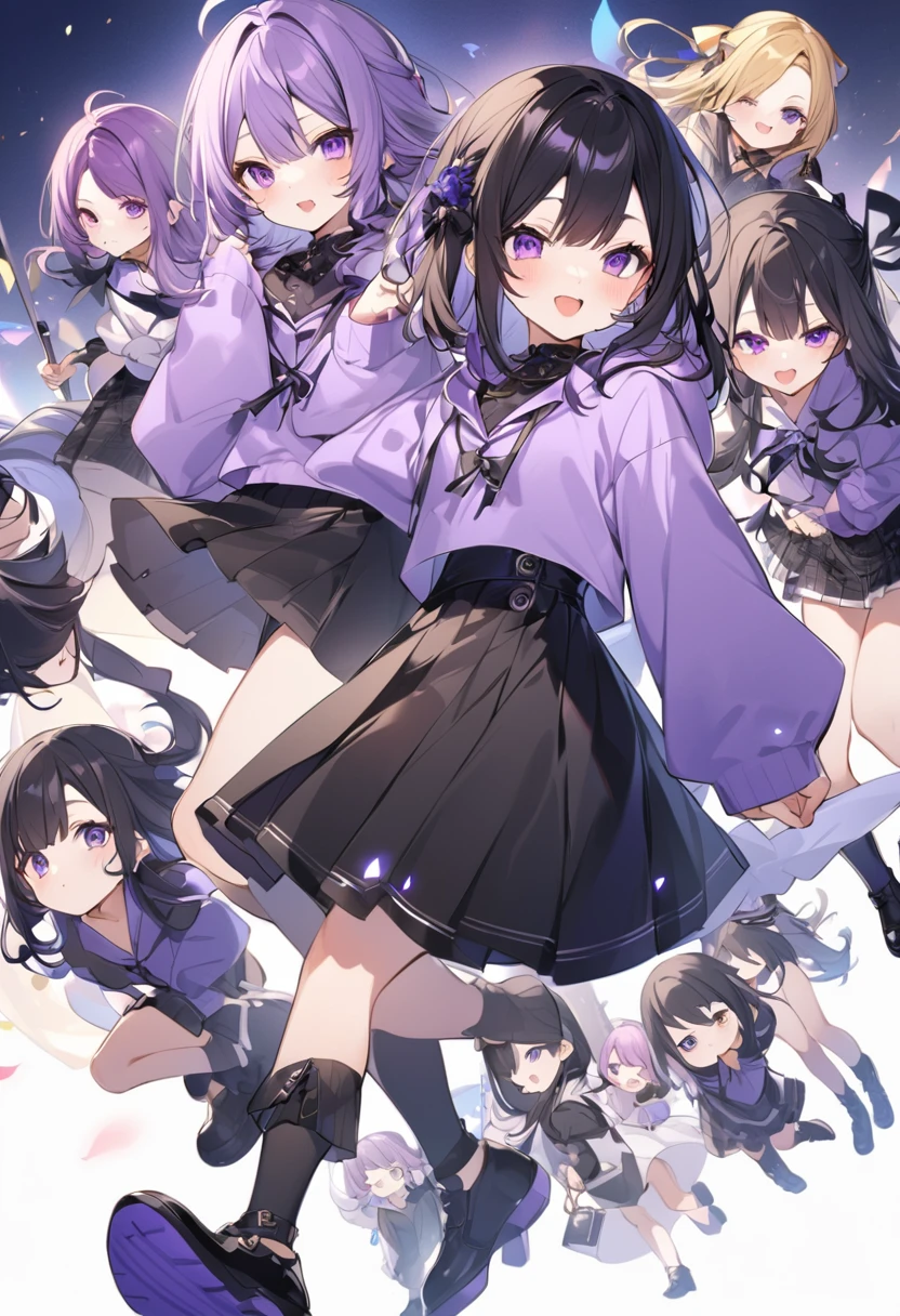 Keito。Purple hoodie。Black Skirt。Purple Eyes。Black Hair。Black shoes下。Black shoes。6 people。The eldest daughter has purple hair