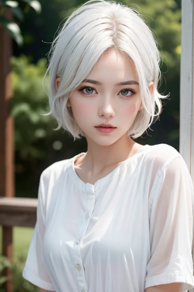 Highest quality、masterpiece、超High resolution、(Realistic:1.3)、RAW Photos、(One girl), Beautiful Face, (Realistic Face), (White Hair、short hair:1.3), Beautiful Hairstyles, Realistic eyes, Beautiful fine details, (Realistic Skin), Beautiful Skin, (shirt), Confused, charm, 超High resolution, Ultra-realistic, High resolution, Golden Ratio、Mr.々Background