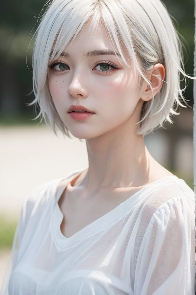 Highest quality、masterpiece、超High resolution、(Realistic:1.3)、RAW Photos、(One girl), Beautiful Face, (Realistic Face), (White Hair、short hair:1.3), Beautiful Hairstyles, Realistic eyes, Beautiful fine details, (Realistic Skin), Beautiful Skin, (shirt), Confused, charm, 超High resolution, Ultra-realistic, High resolution, Golden Ratio、Mr.々Background