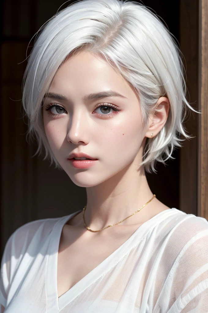 Highest quality、masterpiece、超High resolution、(Realistic:1.3)、RAW Photos、(One girl), Beautiful Face, (Realistic Face), (White Hair、short hair:1.3), Beautiful Hairstyles, Realistic eyes, Beautiful fine details, (Realistic Skin), Beautiful Skin, (shirt), Confused, charm, 超High resolution, Ultra-realistic, High resolution, Golden Ratio、Mr.々Background