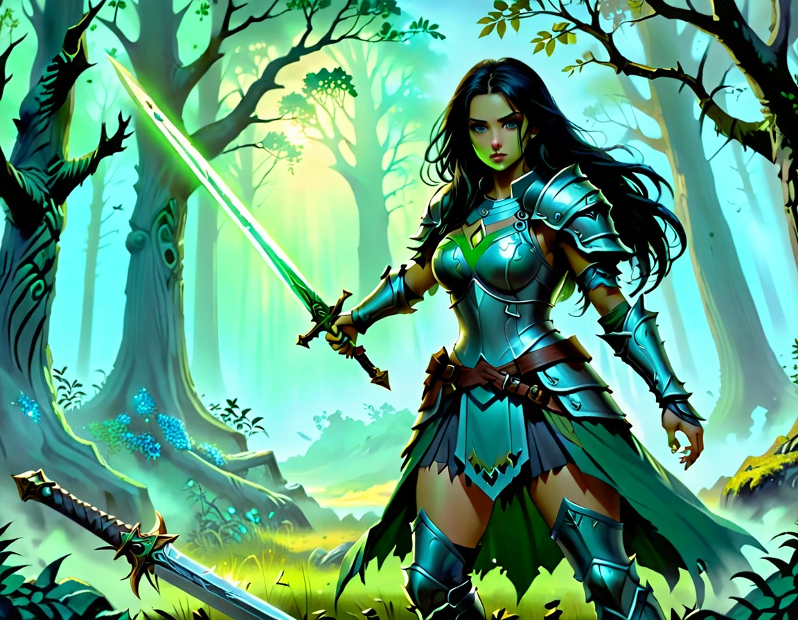 Arafed, a picture of woman paladin of nature protecting the forest from (zombie: 1.3), a woman knight, black hair, long hair, full body (best details, Masterpiece, best quality :1.5), ultra detailed face (best details, Masterpiece, best quality :1.5), ultra feminine (best details, Masterpiece, best quality :1.5), (black hair: 1.2), long hair, braided hair, pale skin, (deep blue: 1.2) eyes, intense eyes, wearying heavy armor, (white armor: 1.2)  (best details, Masterpiece, best quality :1.5), (green cloak: 1.2) , armed with a sword, glowing sword DruidMagicAI, fighting zombie (dark fantasy art, best detailed, masterpiece: 1.5), dead zombie, skeletal hand, rotten flesh, filthy cloths, branches holding the zombie,  muddy cloths,  fantasy forest background, D&D art, RPG art, magical atmosphere magic-fantasy-forest, ultra best realistic, best details, best quality, 16k, [ultra detailed], masterpiece, best quality, (extremely detailed), ultra wide shot, photorealism, depth of field, hyper realistic painting, dark fantasy, Dark Art Painting Style, dark novel