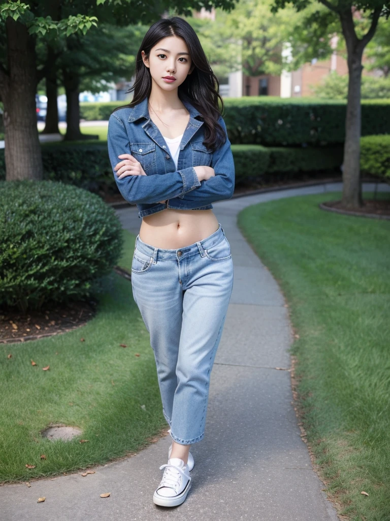 (best quality, Masterpiece, Realistic photos, very detailed, Ultra high resolution, raw:1.3), 1 woman, beautiful, Japan, in university, A young university girl wears a green button-up crop top., Blue Jeans, showing navel, College Student, navel, (canvas shoes, ขาbeautiful, full body), Walking place, holding a book, Dress well, ((cross her arms over her chest))