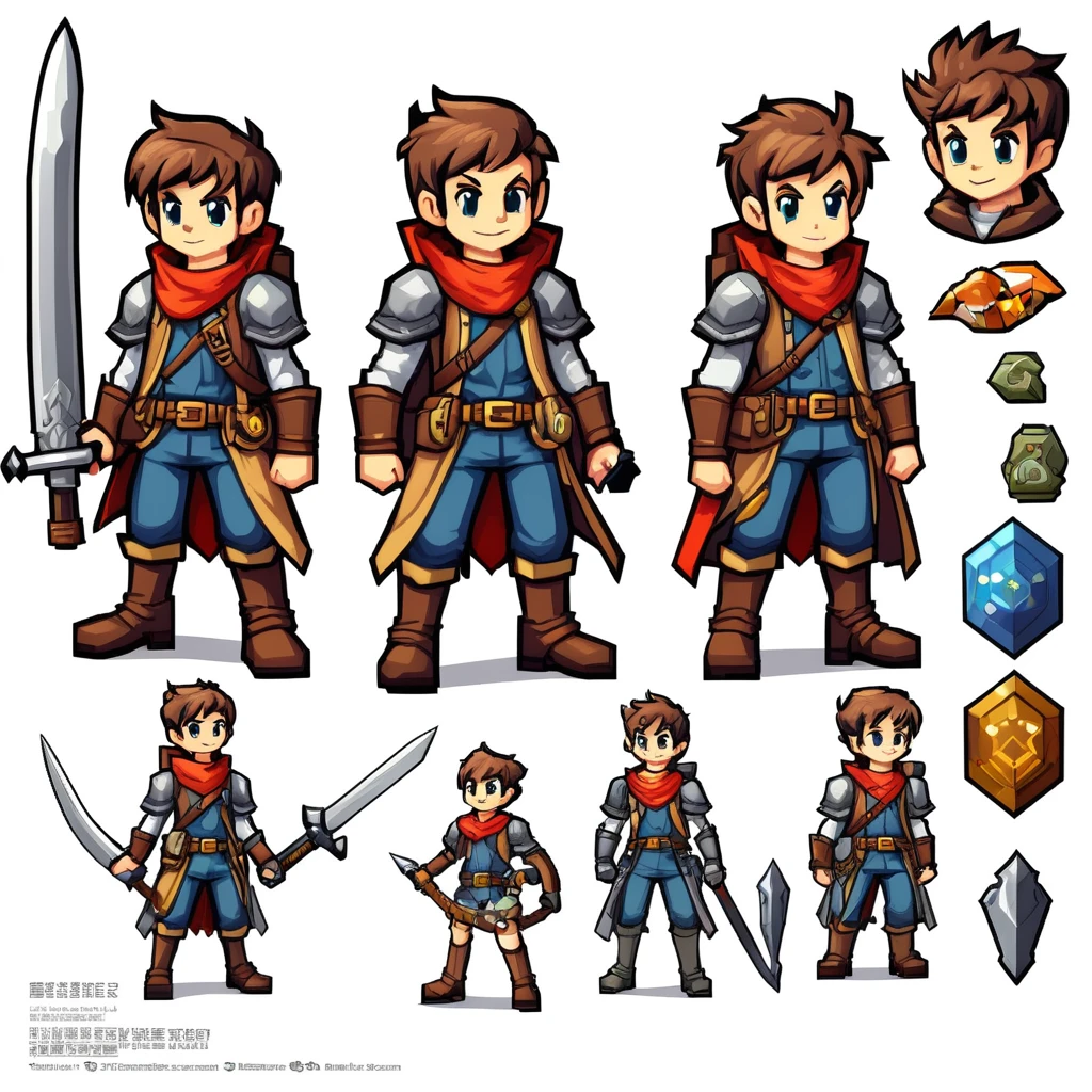 Pixel art,pixel art,Create an original character design sheet,main character of the game,boy,juvenile,adventurer's outfit,natural perm,musical instrument,bard,((3 views,whole body, background,multiple views,High resolution)),multiple views,multiple poses,Active,action pose,dynamic,nice,cute,masterpiece,highest quality,In detail,Gracefully,RPG,Famicom,Multiple characters,multiple outfits,Final Fantasy,boldly,