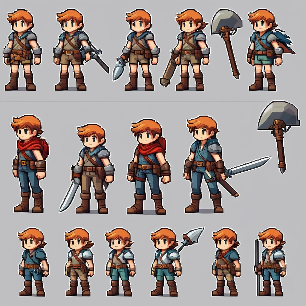 Pixel art,pixel art,Create an original character design sheet,main character of the game,boy,juvenile,adventurer&#39;s outfit,natural perm,musical instrument,bard,((3 views,whole body, background,multiple views,High resolution)),multiple views,multiple poses,Active,action pose,dynamic,nice,cute,masterpiece,highest quality,In detail,Gracefully,RPG,Famicom,Multiple characters,multiple outfits,Final Fantasy,boldly,