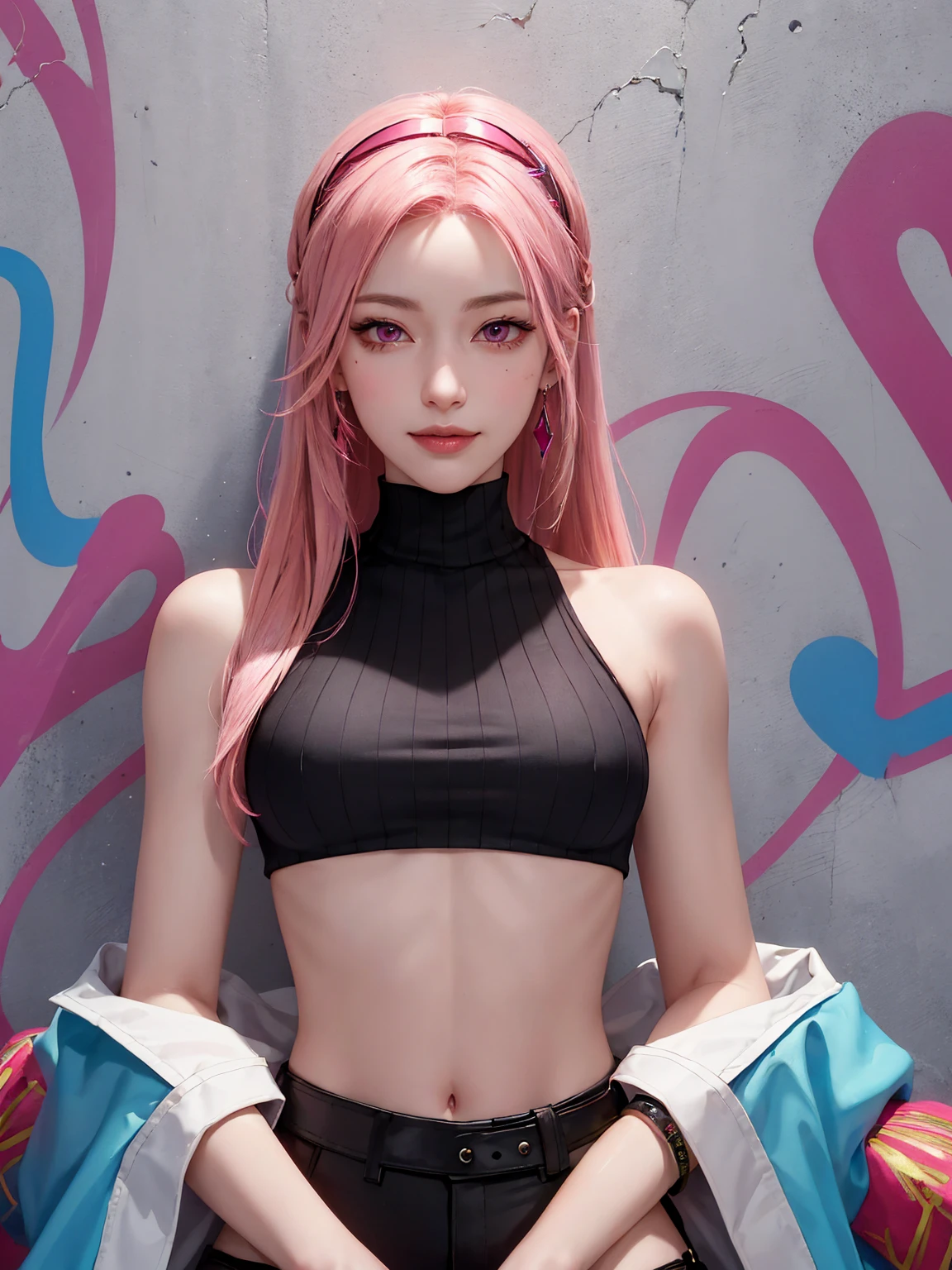 (Masterpiece, best quality, 1 girl, alone, complicated details, Chromatic aberration), realistic, ((Moderate breath)),long hair, pink hair, Red headpiece, Pink Highlights, hair on one eye,purple eyes, earring, sharp eyes, choker, Neon coat, She wears a collar, bangle, and kimono style garters., crop top, (symmetrical eyes),(Perfect symmetrical body),against the wall, Brick wall, (colorful graffiti words on the wall:1.2), The light is dim., alley ,Look at the viewer.、Dig the chest、smile、(sleeveless、Navel touch、Fitted turtleneck.)、street string hot pants、Thin bottom、Please build above the eaves..、Thin shoulders、