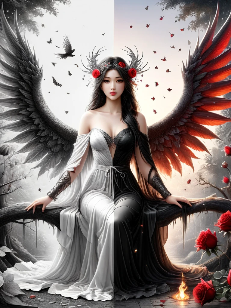 White robe, Thorns, Injury, An angel wrapped in huge wings, Goddess of Battle, mori kei, dark silver, romantic academia, full body, ferrania p30, Pray with both hands, Thorny rattan, Red rose, A throne made of stone, Bandage, Epic scene, (The work should transition from the black and white pencil drawing style on the left half to the bright colors on the right half, ensuring that the two halves blend seamlessly without any dividing lines. Shown with detailed black and white pencil strokes on the left and filled color on the right, creating a harmonious blend throughout the image)