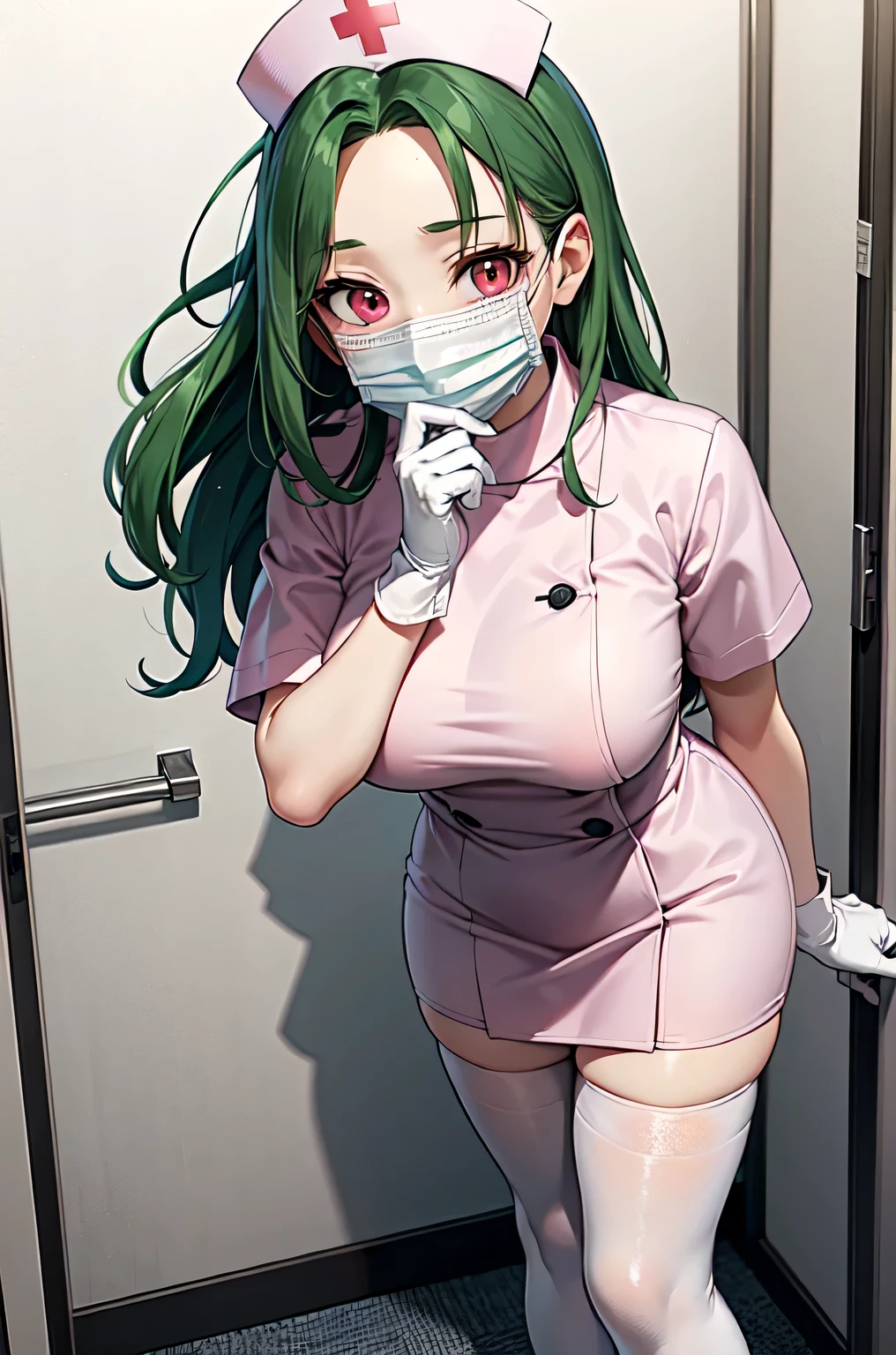 1woman, solo, nurse, white nurse cap, white nurse uniform, ((white legwear, zettai ryouiki)), white gloves, forehead, long hair, green hair, pink eyes, ((white surgical mask, covered nose)), standing, ((hospital room)), sharp outline, short sleeves, mature female, 35 years old, best quality, masterpiece