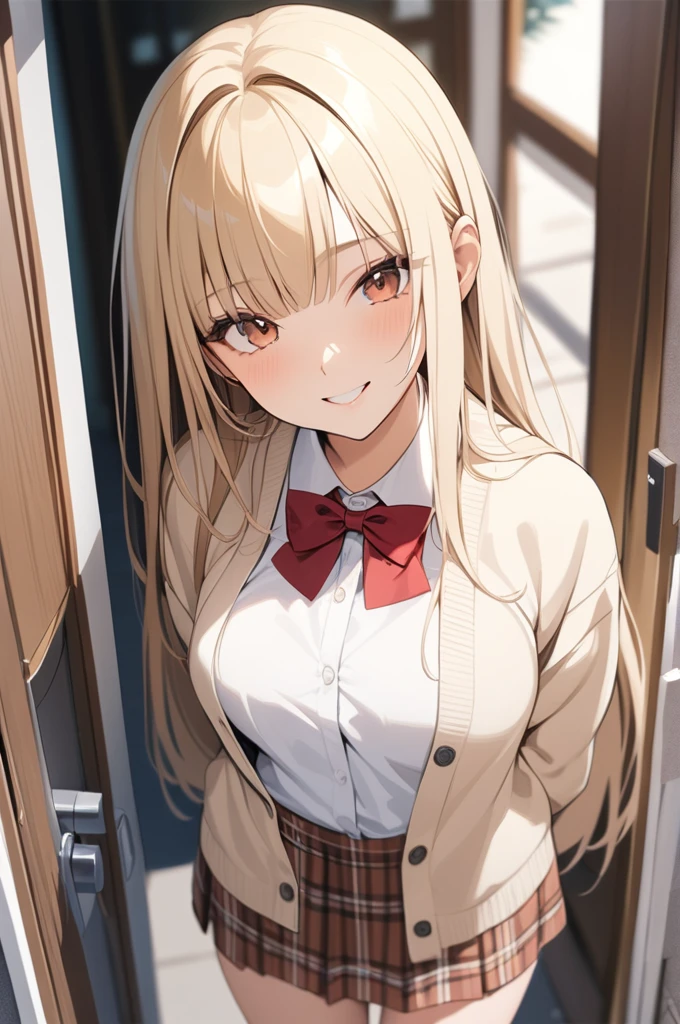 Beautiful sexy 1girl, blonde hair, (straight hair), bangs on one side, head tilt, (waist), light brown cardigan, plaid skirt, red bowtie, arms behind back, looking at viewer, happy smile, entrance, outdoor, from above, 20 yo, (depth of field), masterpiece, best quality, wearing bikini, cleavalage:1.1, (illustlation)