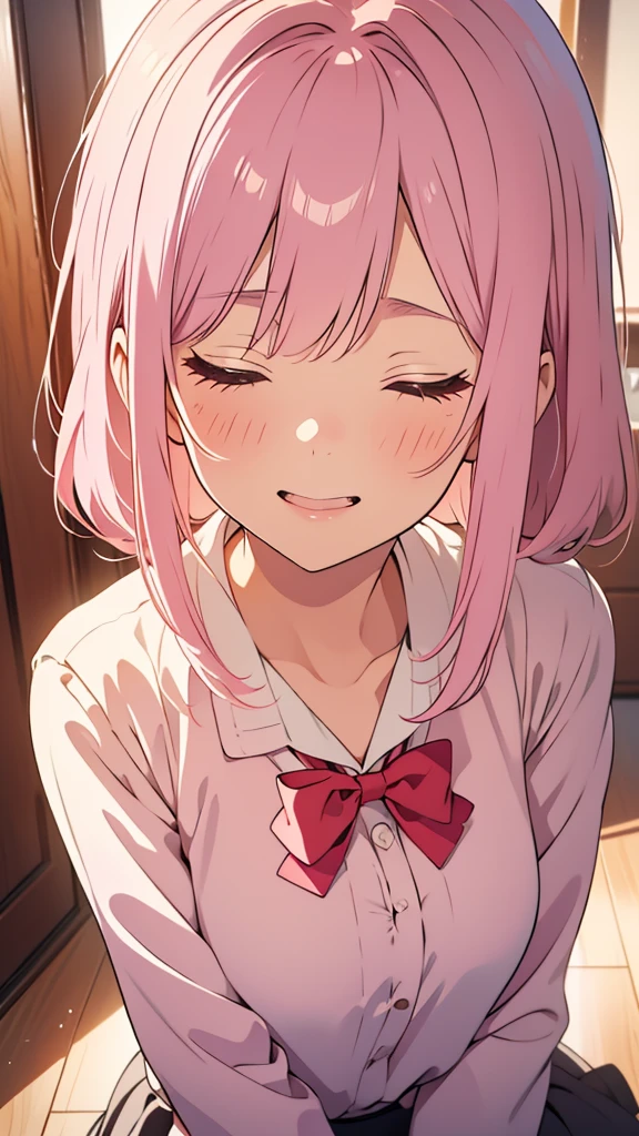 8k,(High quality:1.4),(best quality:1.4),(masterpiece:1.4),(busty breasts:1.2),(beautiful face:1.3),(beautiful woman:1.3),(pale pink hair:1.4),medium hair,a mole around the mouth,(enjoy:1.6),(closed eyes:1.2),(burst into laughter:1.4), (squinting:1.2),beige sweater,(close-up:1.2),a bow tie