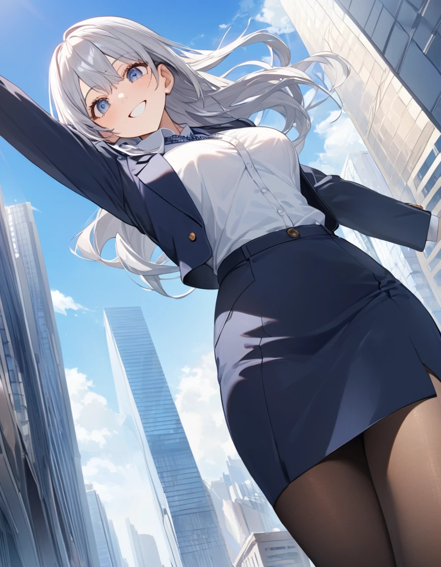 8K, Highest quality, masterpiece, Wallpapers by Unity 8K, office、(One Girl) , 17 years old、 Perfect detail, (Best lighting) , (Very intricate detail)、Big eyes、masterpieceサイドライト、(((Silver Hair))),(Her hair color is a blue-gray gradient), Semi-long hair, Very detailed, ,Larger breasts、office lady, {Navy blue business suit、white business shirt, Navy blue pencil skirt、 pantyhose}, Outdoor、skyscraper、blue sky、from below, View here、smile
