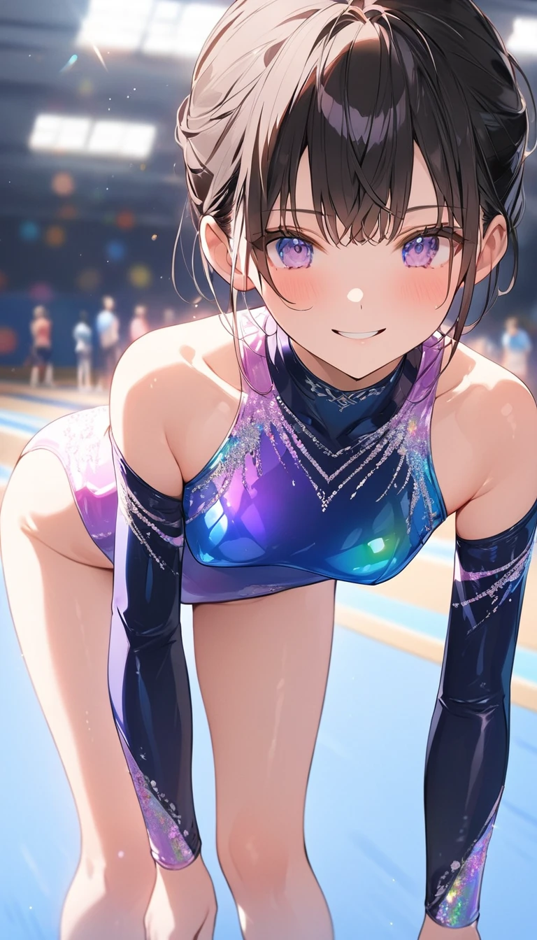 highquality illustration, masterpiece, very delicate and beautiful, attractive girl,(gymnastics leotard, Floral patterns leotard,long sleeve leotard with glittery decoration,high_leg leotard,athletic leotard,tight-fit leotard,iridescent gradient leotard,long-sleeve leotard),thin,slender body,slim,high school,gymnasium background,gymnastics club,gymnastics athlete,princess, beautiful eyes,light smile,(masterpiece, best quality:1.2), highres, extremely detailed CG unity 8k wallpaper, perfect lighting, Colourful, ultra-high res,4K,ultra-detailed, photography, 8K, HDR, ,cowboy shot,