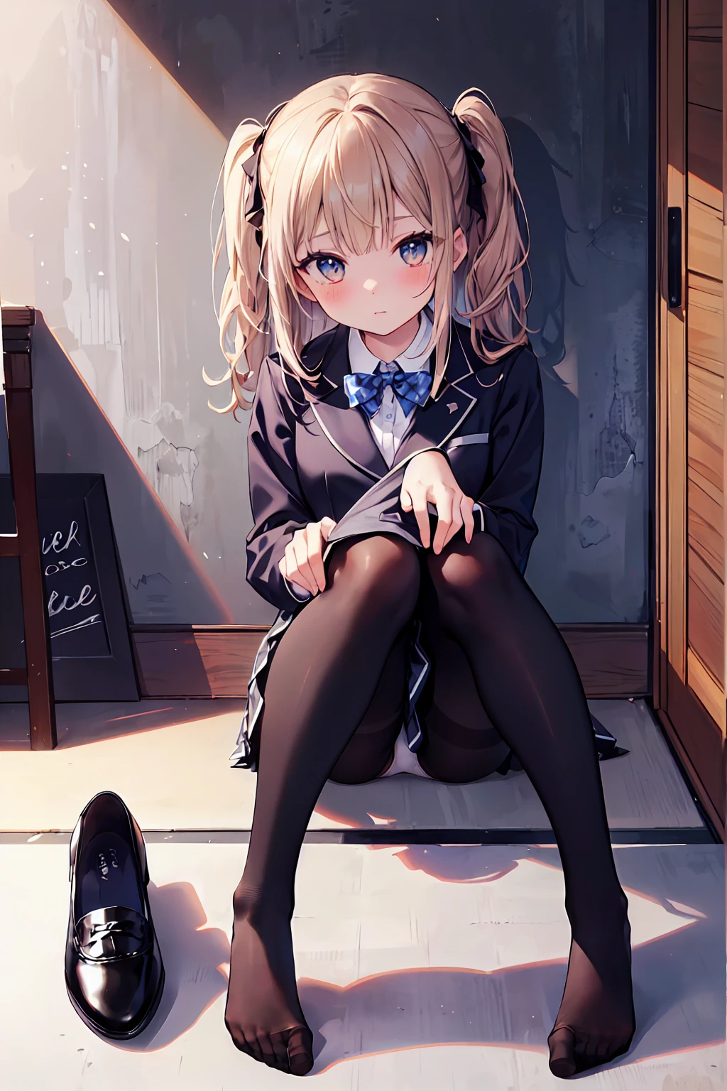 Highest quality, masterpiece, High resolution, (Head to Toe full body), front, frontやや下からの構図, Symmetric, Tall 18 year old girl, alone, (Head to Toe), (Small breasts), Unkempt brown hair, bangs, (black tights), (Black Pantyhose), (Sit with your legs apart), (Crouching pose), (Composition depicting white panties), (Her legs were spread、(I was made to sit on the floor with my legs spread...), (M-shaped feet), Thin legs, Very beautiful 18 year old girl, (No shoes), blush, Shy big eyes, Looking into the camera, Blazer Uniform, Checkered Pleated Skirt、Star Town Suisei