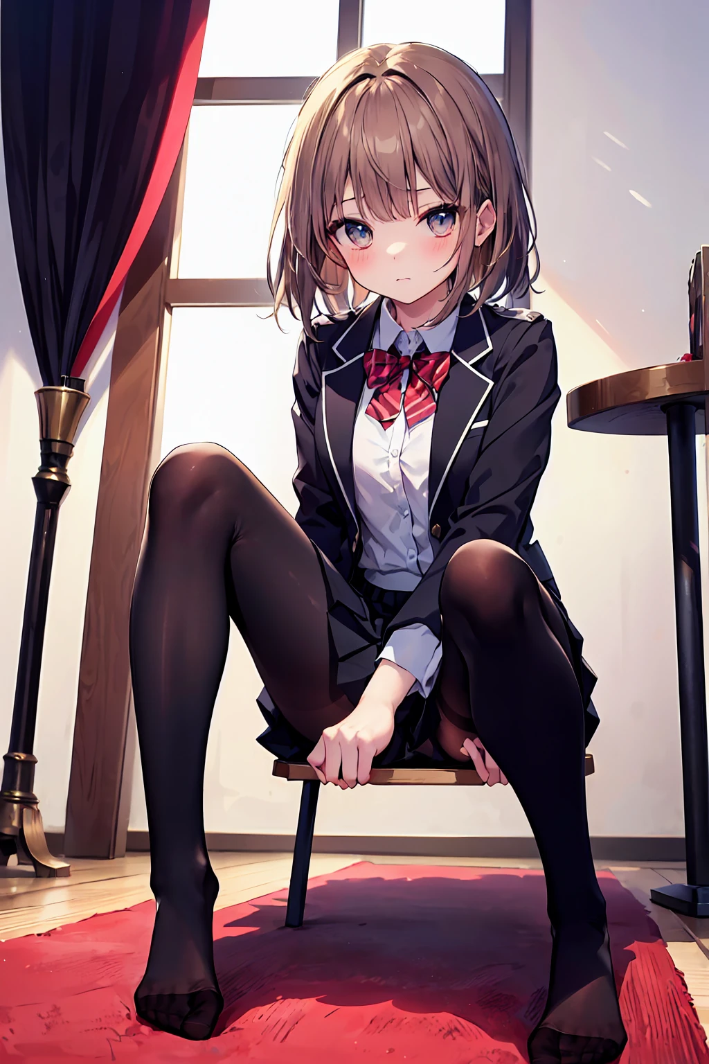 Highest quality, masterpiece, High resolution, (Head to Toe full body), front, frontやや下からの構図, Symmetric, Tall 18 year old girl, alone, (Head to Toe), (Small breasts), Unkempt brown hair, bangs, (black tights), (Black Pantyhose), (Sit with your legs apart), (Crouching pose), (Composition depicting white panties), (Her legs were spread、(I was made to sit on the floor with my legs spread...), (M-shaped feet), Thin legs, Very beautiful 18 year old girl, (No shoes), blush, Shy big eyes, Looking into the camera, Blazer Uniform, Checkered Pleated Skirt、Star Town Suisei