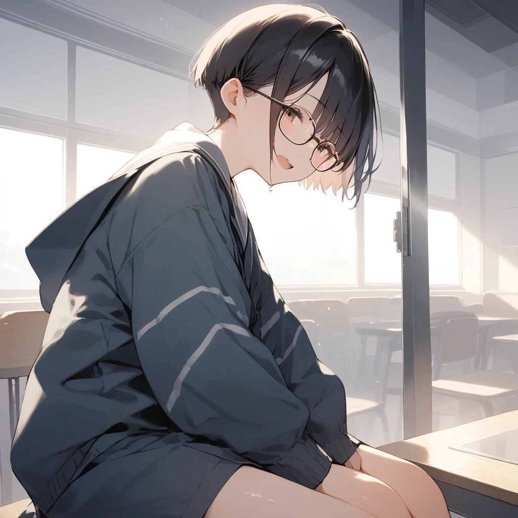 score_9, score_8_up, score_7_up, source_anime, best quality, masterpiece, official art, absurdres, highres, ultra-detailed,waifu2x,Collection: Slice of Life,break,1girl, very short hair,pixie cut, long bangs, glasses, uniform, small breasts, sweat, open mouth, (wavy mouth:0.3), indoors, sit, summer, break,dewy skin, perspiration on the skin,skin texture, fine lines, pores, natural imperfections,light reflections, glossy skin, shiny skin,break,(clear line illustration:1.2),very high resolution, very aesthetic, Best sexual lighting powered by famous artist, 8k,cute picture,beauty illustration,photoshop_(medium),,(Detailed Lighting),best anime 8k konachan wallpaper, pixiv contest winner, 