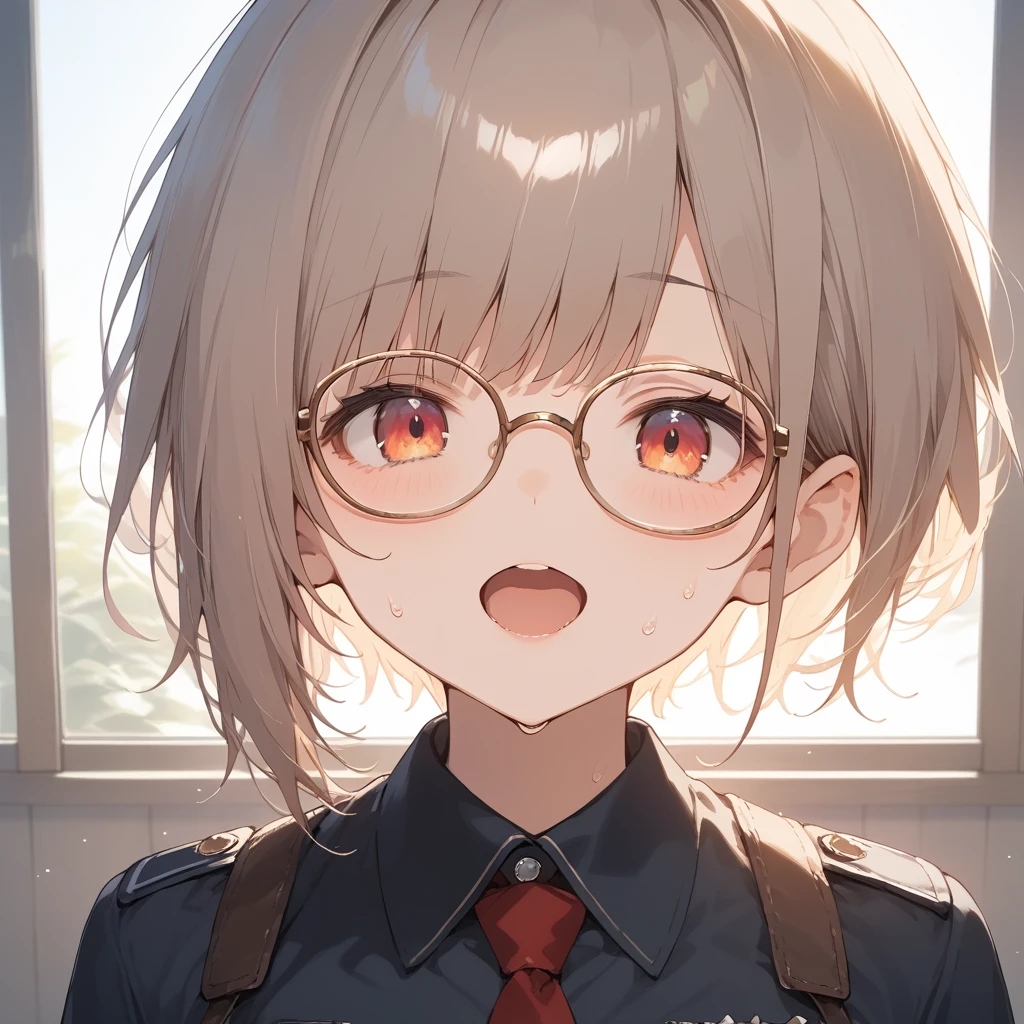 score_9, score_8_up, score_7_up, source_anime, best quality, masterpiece, official art, absurdres, highres, ultra-detailed,waifu2x,Collection: Slice of Life,break,1girl, very short hair,pixie cut, long bangs, glasses, uniform, small breasts, sweat, open mouth, (wavy mouth:0.3), indoors, sit, summer, break,dewy skin, perspiration on the skin,skin texture, fine lines, pores, natural imperfections,light reflections, glossy skin, shiny skin,break,(clear line illustration:1.2),very high resolution, very aesthetic, Best sexual lighting powered by famous artist, 8k,cute picture,beauty illustration,photoshop_(medium),,(Detailed Lighting),best anime 8k konachan wallpaper, pixiv contest winner,