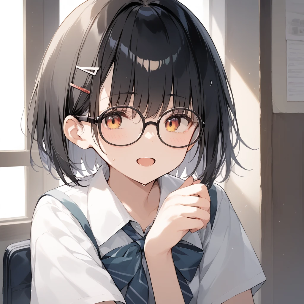 score_9, score_8_up, score_7_up, source_anime, best quality, masterpiece, official art, absurdres, highres, ultra-detailed,waifu2x,Collection: Slice of Life,break,1girl, very short hair,pixie cut, long bangs, glasses, uniform, small breasts, sweat, open mouth, (wavy mouth:0.3), indoors, sit, summer, break,dewy skin, perspiration on the skin,skin texture, fine lines, pores, natural imperfections,light reflections, glossy skin, shiny skin,break,(clear line illustration:1.2),very high resolution, very aesthetic, Best sexual lighting powered by famous artist, 8k,cute picture,beauty illustration,photoshop_(medium),,(Detailed Lighting),best anime 8k konachan wallpaper, pixiv contest winner,