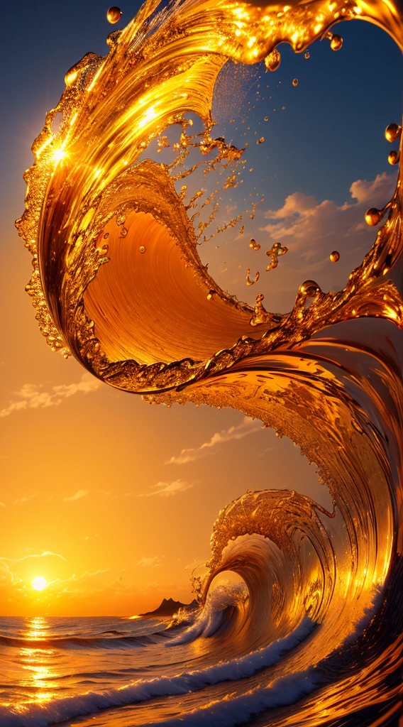 Masterpiece, best quality, (8k very detailed CG unit wallpaper) (best quality), (best illustration), (best shadows) a golden sea wave, bright orange aol sunset through the wave, golden droplets flying, (:1.6)