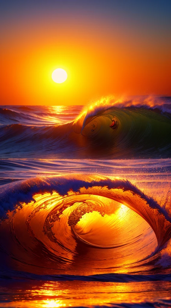 Masterpiece, best quality, (8k very detailed CG unit wallpaper) (best quality), (best illustration), (best shadows) a golden sea wave, bright orange aol sunset through the wave, golden droplets flying, (:1.6)