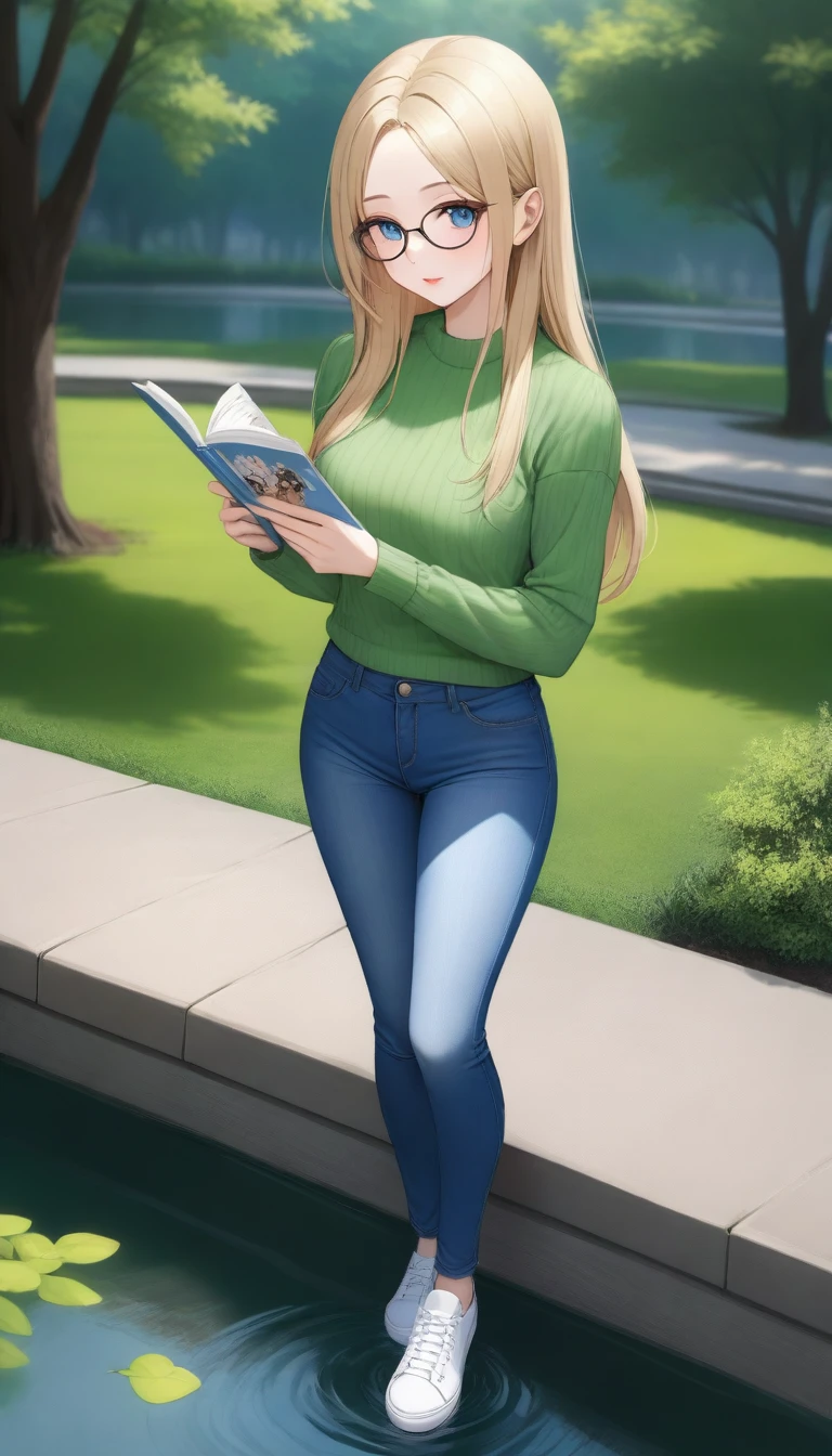 ((best quality, masterpiece:1.3, 8K)), (detailed), highly detailed face and skin texture, detailed eyes, (seductive pose:1.1), park, pond, full body, (slender body:1.1), 1girl, 25 years old, white skin, blue eyes, reading glasses, bright lips, seductive smile, blonde hair, straight hair, long hair, (forehead:1.0), green sweater, jeans pants, skinny jeans, blue jeans, white sneakers,