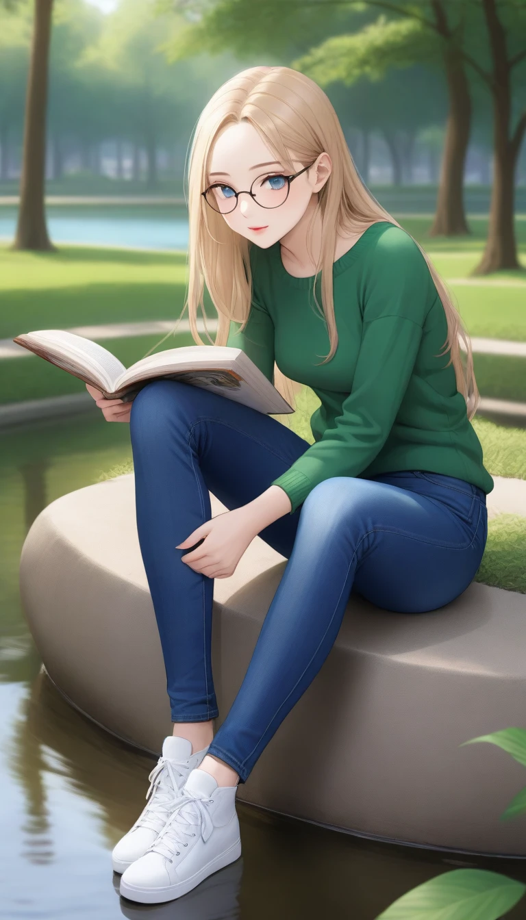 ((best quality, masterpiece:1.3, 8K)), (detailed), highly detailed face and skin texture, detailed eyes, (seductive pose:1.1), park, pond, full body, (slender body:1.1), 1girl, 25 years old, white skin, blue eyes, reading glasses, bright lips, seductive smile, blonde hair, straight hair, long hair, (forehead:1.0), green sweater, jeans pants, skinny jeans, blue jeans, white sneakers,