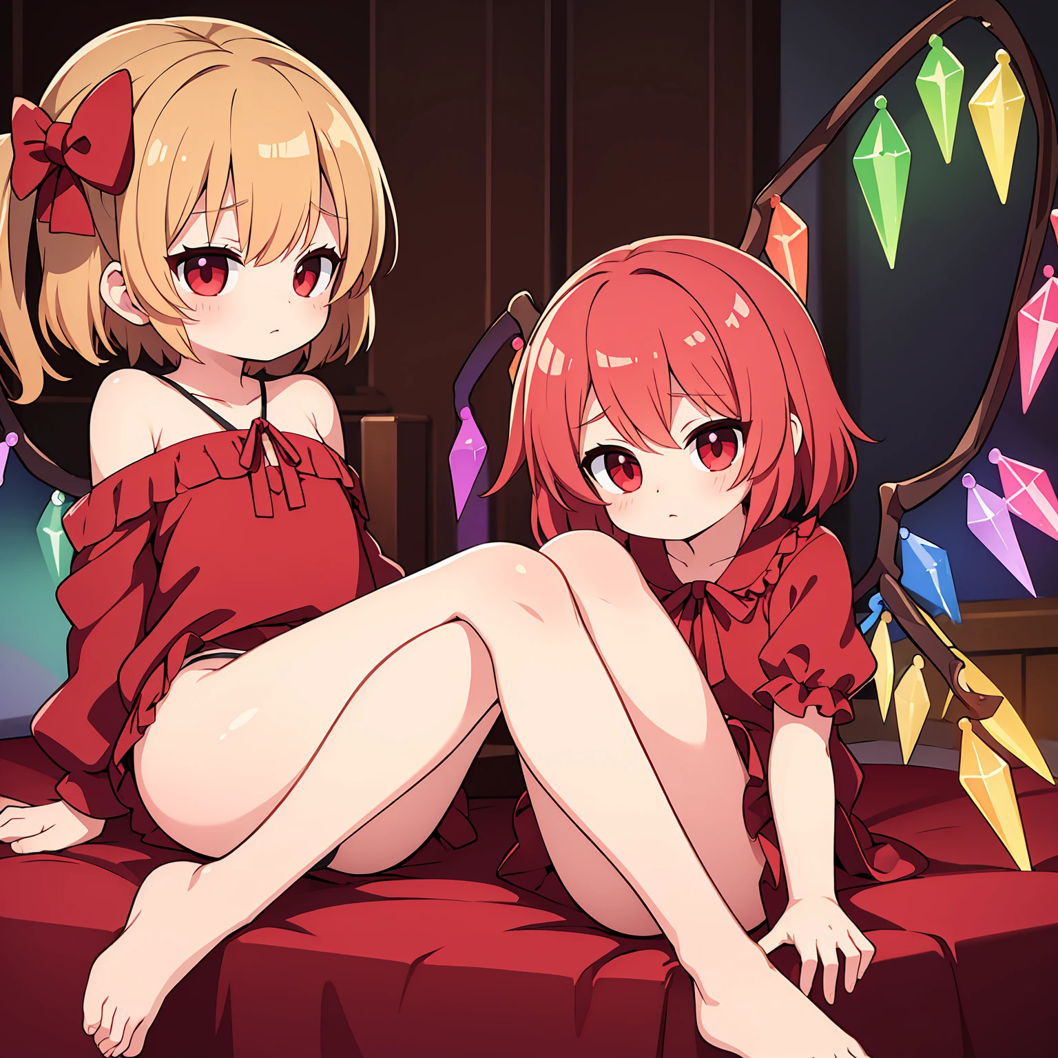 ((Highest quality)), ((masterpiece)), (detailed),Flandre Scarlet blackThong short hair 1 person Sitting with legs apart beauty