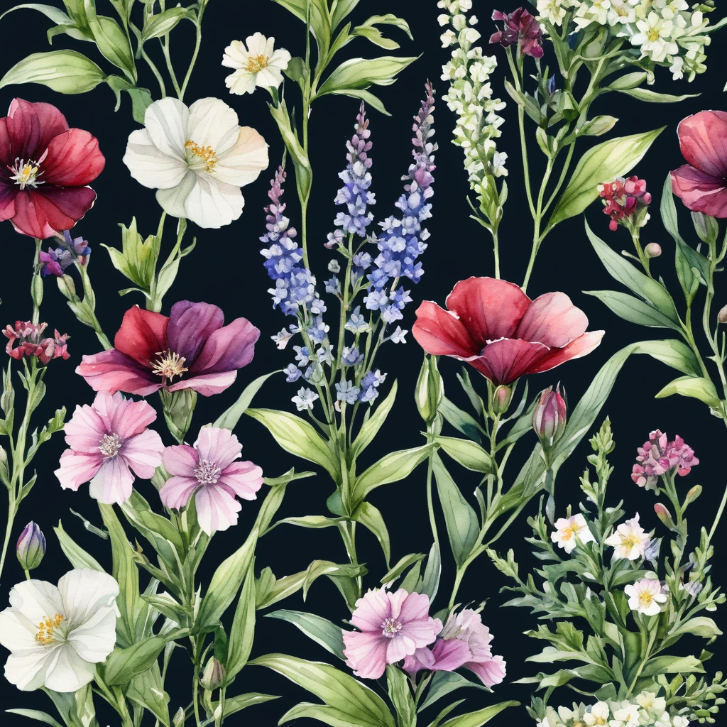 WATERCOLOR dark background, watercolor VINTAGE image, lisianthus , burgundy NERINE , lysiamacha , farewell of spring , ivory bluebells, VERONICA,HYDRANGEA,leadplant, achillea,cosmos,zinnia,nigella,dianthuscelosla,poppy,achillea,hosta,astrantia,scabiosa