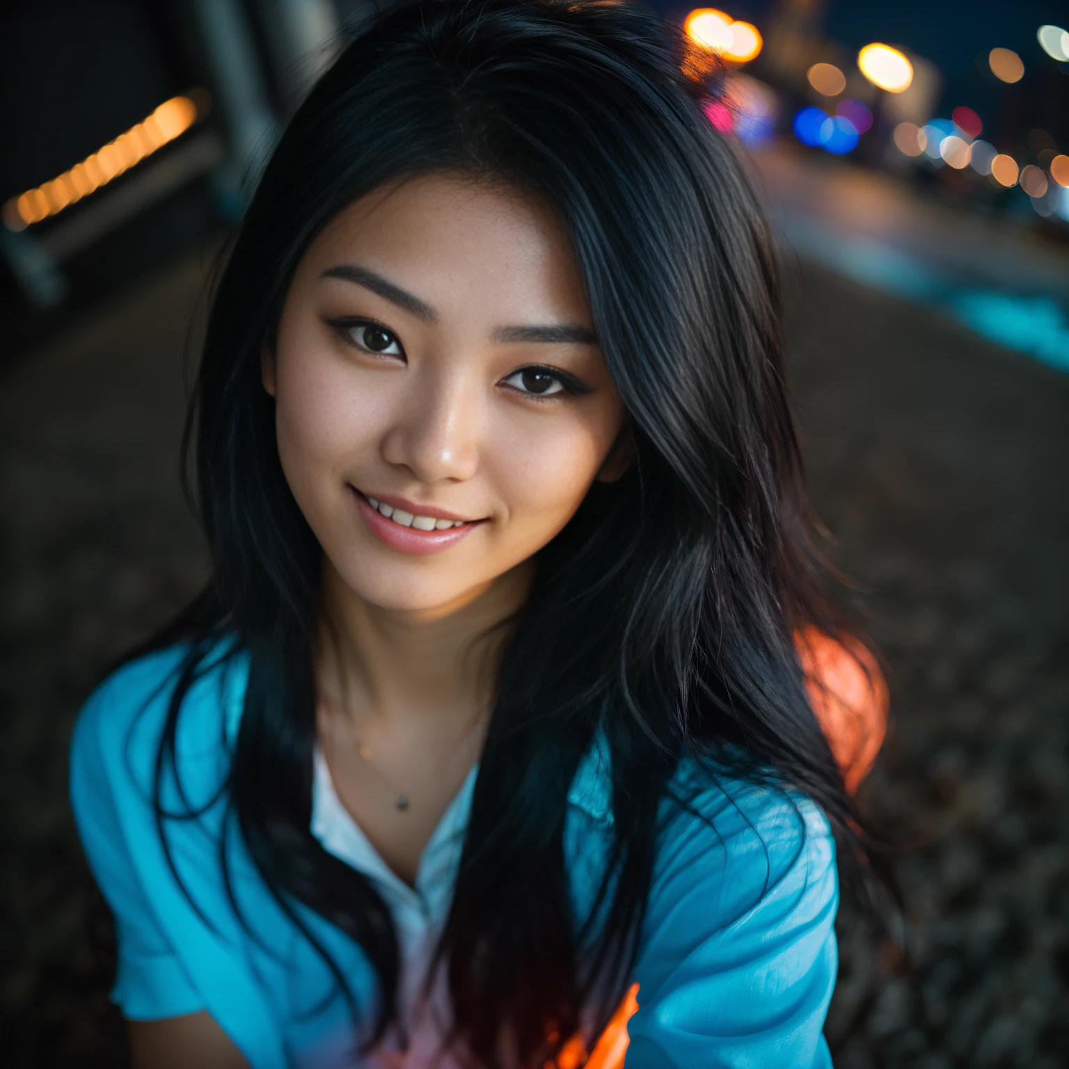 arafed woman with black hair sitting on the beach, flowing black hair with blue high lights, with black hair, photo of a beautiful woman, long flowing black hair with ((deep blue high lights)), pink golden hour, curly pink hair, beautiful young asian woman, beautiful asian woman, wild ginger hair, pink wispy hair, light pink hair, a young asian woman, an asian woman, infp young woman, (taking selfies, overhead view: 1.4), (straight half of the torso: 1.4), Portrait photo of a 24-year-old french girl in RAW UHD format (Black-eyed woman) Walk down the dark alley, night city, Details (textures! , Hair! , glistering, Color!! , imperfections: 1.1), highly detailed glossy eyes (looking at the camera), DSLR Lighting, SLR camera, Ultra-Quality, sharpness, Depth of field, Film grain (Downtown), Fujifilm XT3, Crystal clear, Frame Center, beatiful face, sharp-focus, neon lighting, bokeh (dimly lit), night time, (night sky), detailed skin pores, oilly skin, suntan, Complex eye details, smiling
