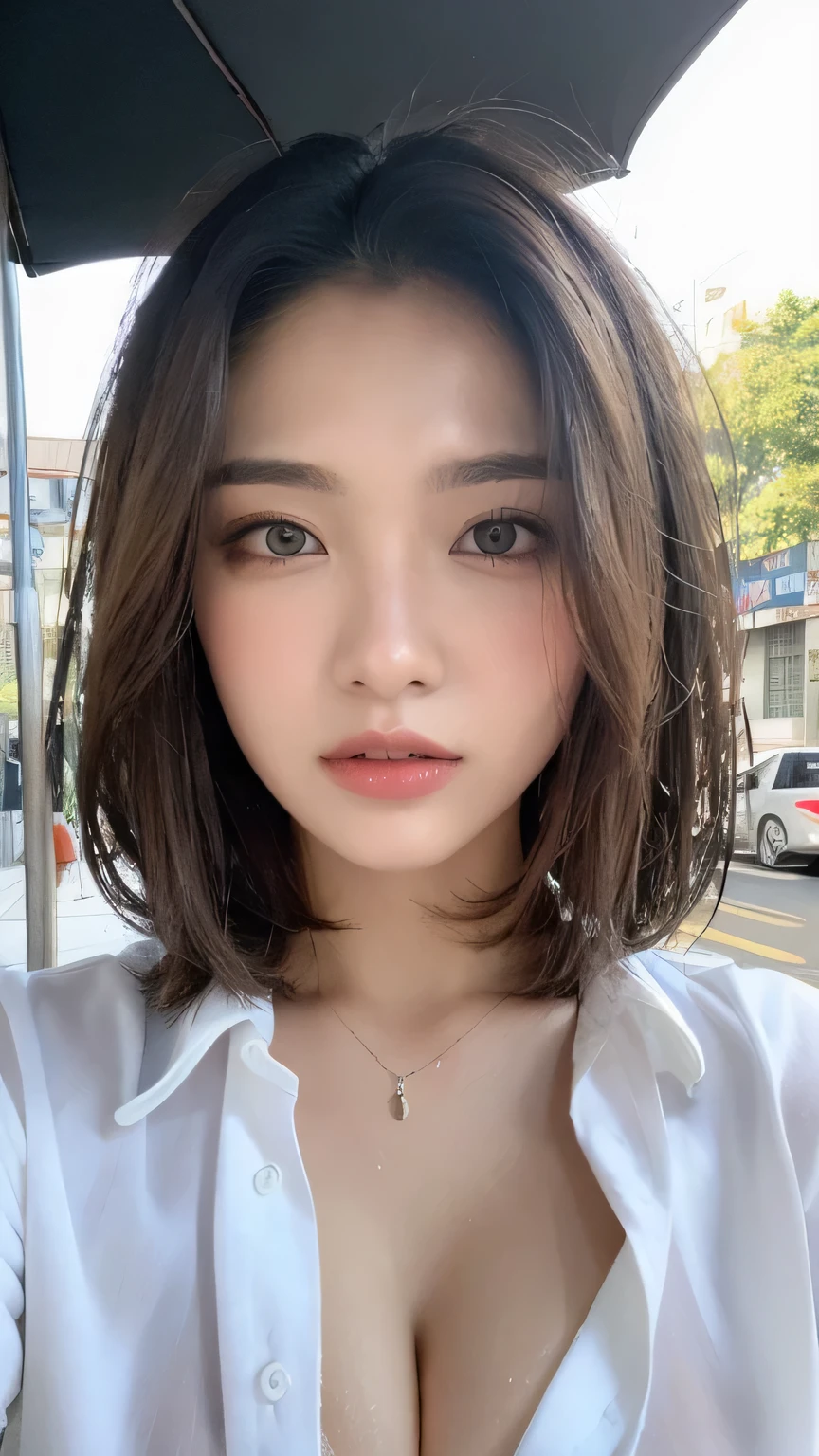 ((Best Quality, 8K, Masterpiece: 1.3)), Sharp: 1.2, Perfect Body Beauty: 1.4, Slim Abs: 1.2, ((Layered Hairstyle, Big Breasts: 1.2)), ((Wet White transparent Button Long Shirt: 1.1)), (Rain, Street: 1.2), Wet: 1.5, Highly detailed face and skin texture, detailed eyes, double eyelids, side face looking at the camera, cleavage perfect, perfect figure, full body potrait, wet oil skin, gray hair color