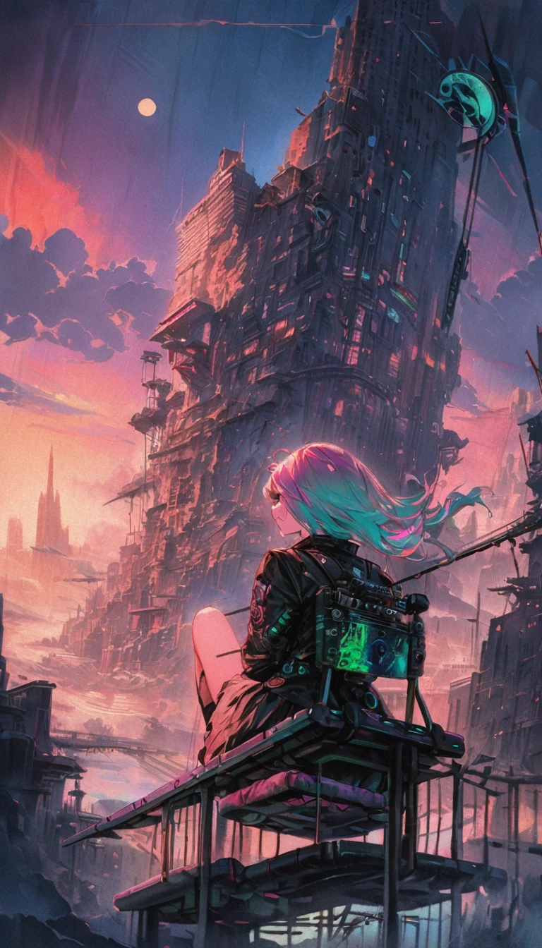 A fusion of watercolor and oil painting, From behind, Highest quality, Super quality, 16K, Incredibly absurd, Very detailed, Two high rise buildings, Back view of a woman sitting on a trapeze, Wind, Wind-effect, moonlit nightscape, (Nice views:1.1) , cyber punk, steampunk, Dieselpunk, Clockpunk, artwork, Mixture Art, Blended Art, Design Art