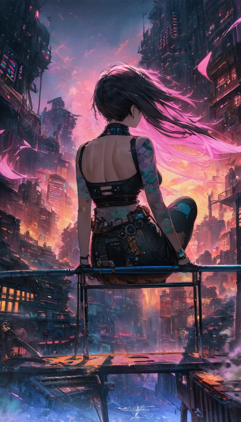 A fusion of watercolor and oil painting, From behind, Highest quality, Super quality, 16K, Incredibly absurd, Very detailed, Two high rise buildings, Back view of a woman sitting on a trapeze, Wind, Wind-effect, moonlit nightscape, (Nice views:1.1) , cyber punk, steampunk, Dieselpunk, Clockpunk, artwork, Mixture Art, Blended Art, Design Art
