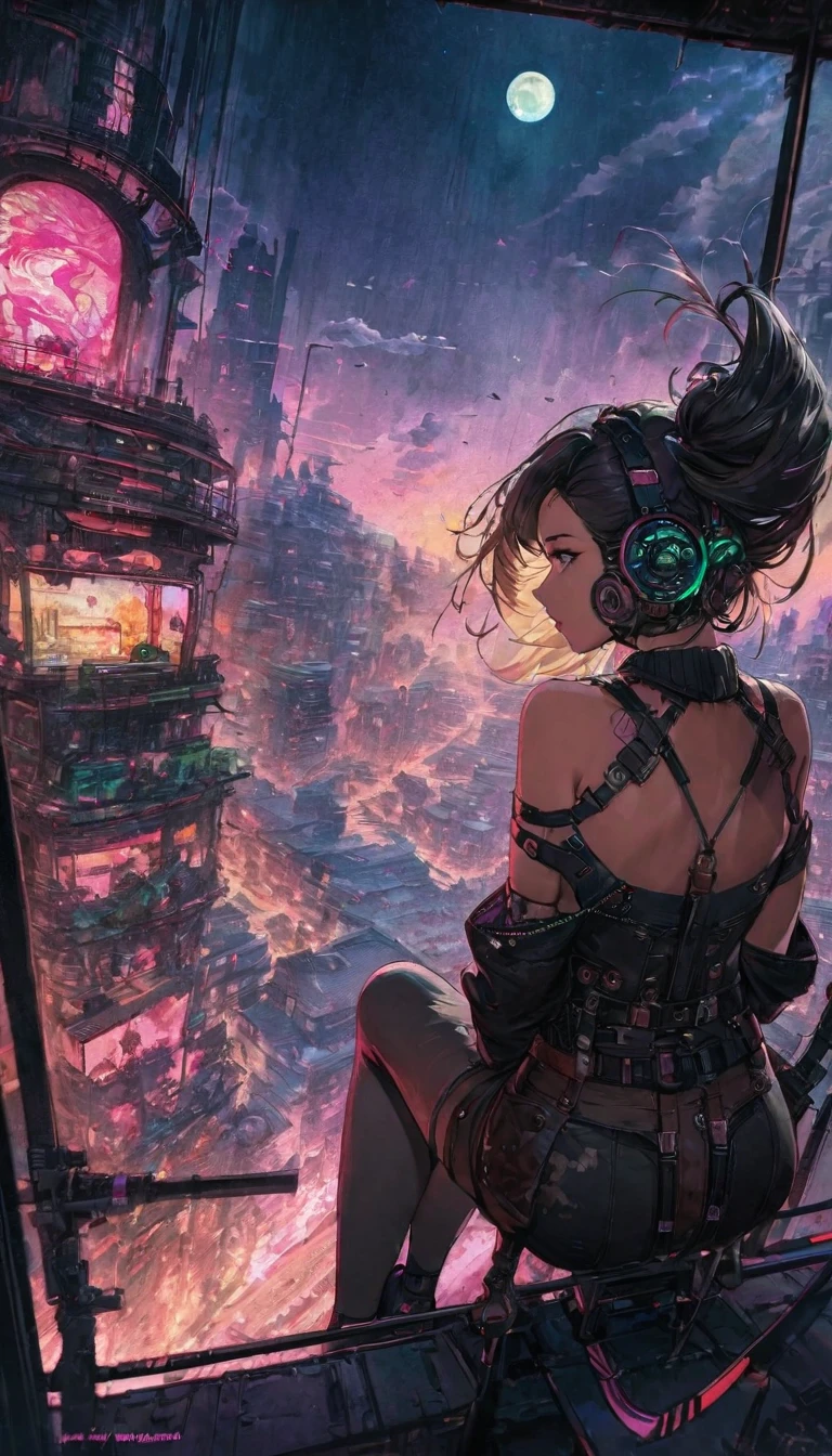 A fusion of watercolor and oil painting, From behind, Highest quality, Super quality, 16K, Incredibly absurd, Very detailed, Two high rise buildings, Back view of a woman sitting on a trapeze, Wind, Wind-effect, moonlit nightscape, (Nice views:1.1) , cyber punk, steampunk, Dieselpunk, Clockpunk, artwork, Mixture Art, Blended Art, Design Art