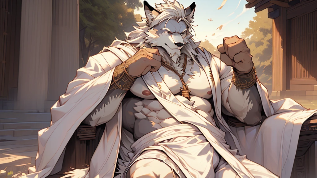 (masterpiece),(highres),(intricate details:1.4),extremely detailed,(illustration:1.2),8k,photorealistic,exquisite,,aged,elder male wolf ,muscular,(bishop :1.7),(Ancient Greek mythological style;1.8),(loose white robe:1.6),manhood,safeguard,(white hair:1.3),long hair,long white beard,scar,(badly damaged),(sacrifice),hurt,broken body ,(bulging crotch:1.8),(homosexual),(naked upper body:1.7),(a serene face:1.9)