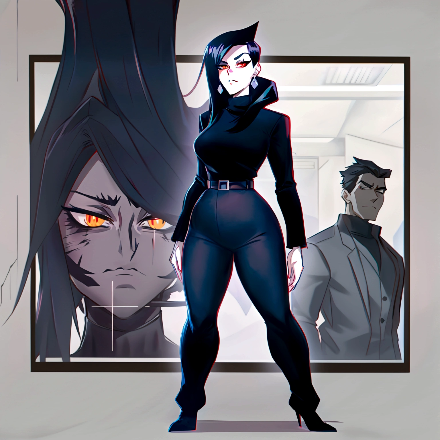Full body anime style: Tall man, eyes black, scar from the tip of the mouth to the ear, thick black blouse, dark blue turtleneck sweater that almost covers the mouth, Bblack hair