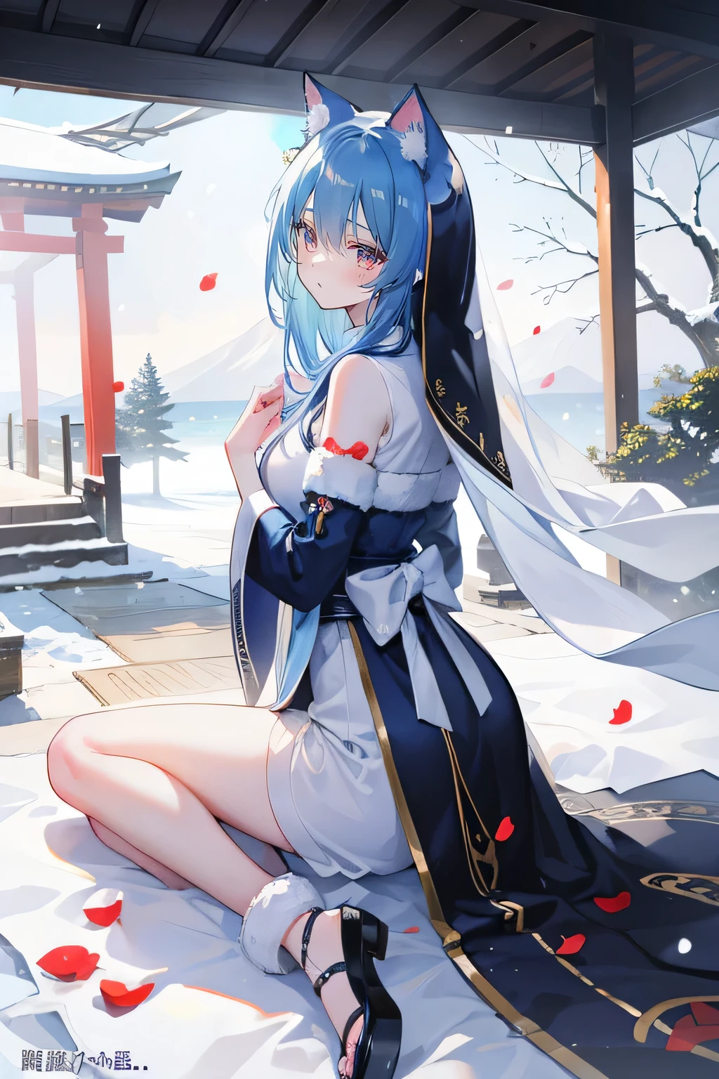 （masterpiece：1.2），Super detailed，lifelike，Expressive eyes，fair skin，perfect face shape，1 girl，
Japanese comics,Gorgeous blue hair,flowing blue hair,flowing clothes,Cat ears,Petals fall,beautiful lola,Baby Angel,
Shaking head with one hand，Cross your legs，Gentle and peaceful background，The pavilion is cool and comfortable,smile,back views,snowing, winter，nun&#39;s Clothes，stately church，。