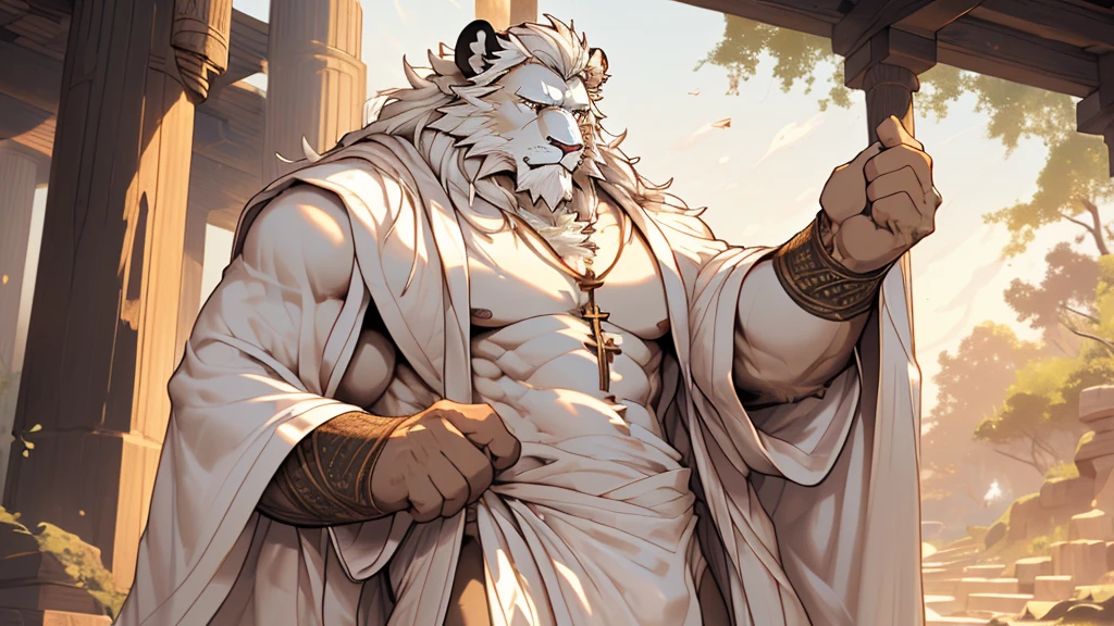 (masterpiece),(highres),(intricate details:1.4),extremely detailed,(illustration:1.2),8k,photorealistic,exquisite,,aged,elder male lion ,muscular,(bishop :1.7),(Ancient Greek mythological style;1.8),(loose white robe:1.6),manhood,safeguard,(white hair:1.3),long hair,long white beard,scar,(badly damaged),(sacrifice),hurt,broken body ,(bulging crotch:1.8),(homosexual),(naked upper body:1.7),(a serene face:1.9)