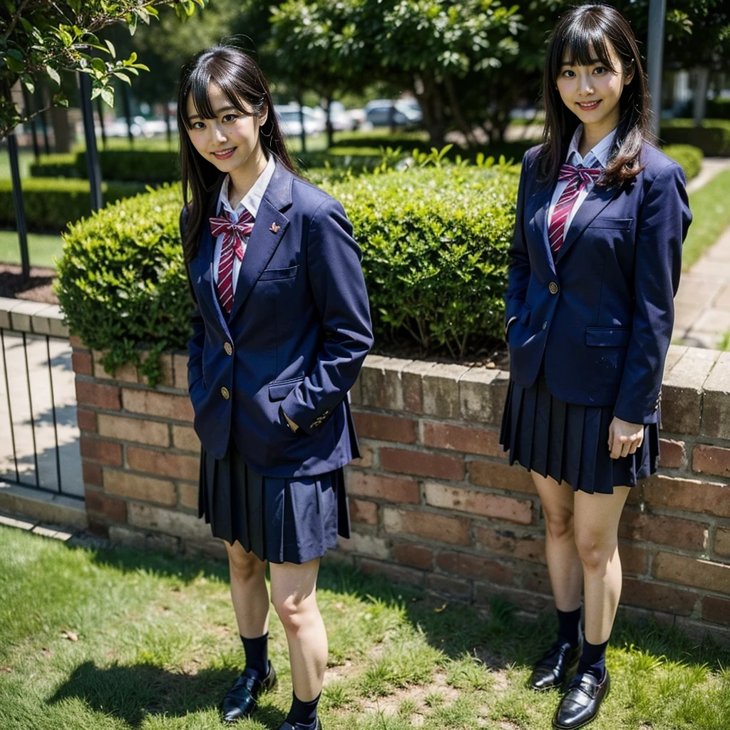 (8K、RAW Photos、Highest quality、masterpiece:1.2)、(Realistic、Realistic)、1 Girl、((blackチェックミニスカート、High school uniform、blazer、Navy Socks、loafers、Medium Hair、black、Thin legs、garden、View from the front、smile、Looking into the camera、Stand with hands on hips))、cute