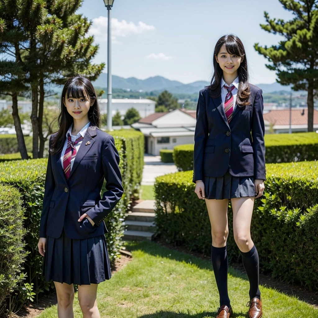 (8K、RAW Photos、Highest quality、masterpiece:1.2)、(Realistic、Realistic)、1 Girl、((blackチェックミニスカート、High school uniform、blazer、Navy Socks、loafers、Medium Hair、black、Thin legs、garden、View from the front、smile、Looking into the camera、Stand with hands on hips))、cute