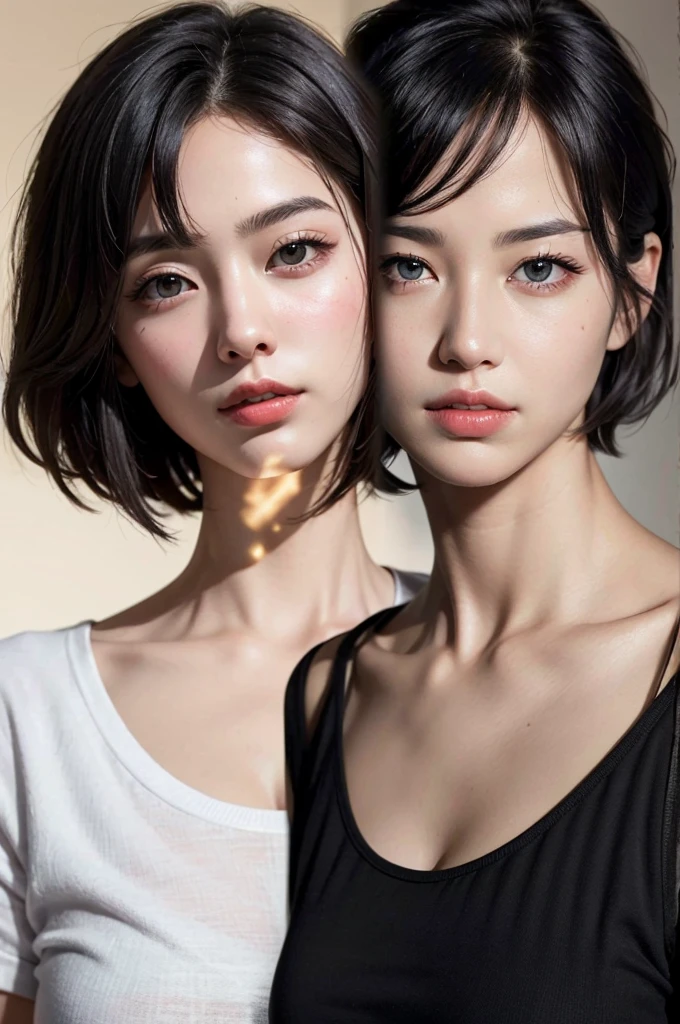Highest quality、masterpiece、超High resolution、(Realistic:1.3)、RAW Photos、(One girl), Beautiful Face, (Realistic Face), (Black Hair、short hair:1.3), Beautiful Hairstyles, Realistic eyes, Beautiful fine details, (Realistic Skin), Beautiful Skin, (shirt), Confused, charm, 超High resolution, Ultra-realistic, High resolution, Golden Ratio、Mr.々Background