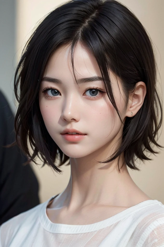 Highest quality、masterpiece、超High resolution、(Realistic:1.3)、RAW Photos、(One girl), Beautiful Face, (Realistic Face), (Black Hair、short hair:1.3), Beautiful Hairstyles, Realistic eyes, Beautiful fine details, (Realistic Skin), Beautiful Skin, (shirt), Confused, charm, 超High resolution, Ultra-realistic, High resolution, Golden Ratio、Mr.々Background