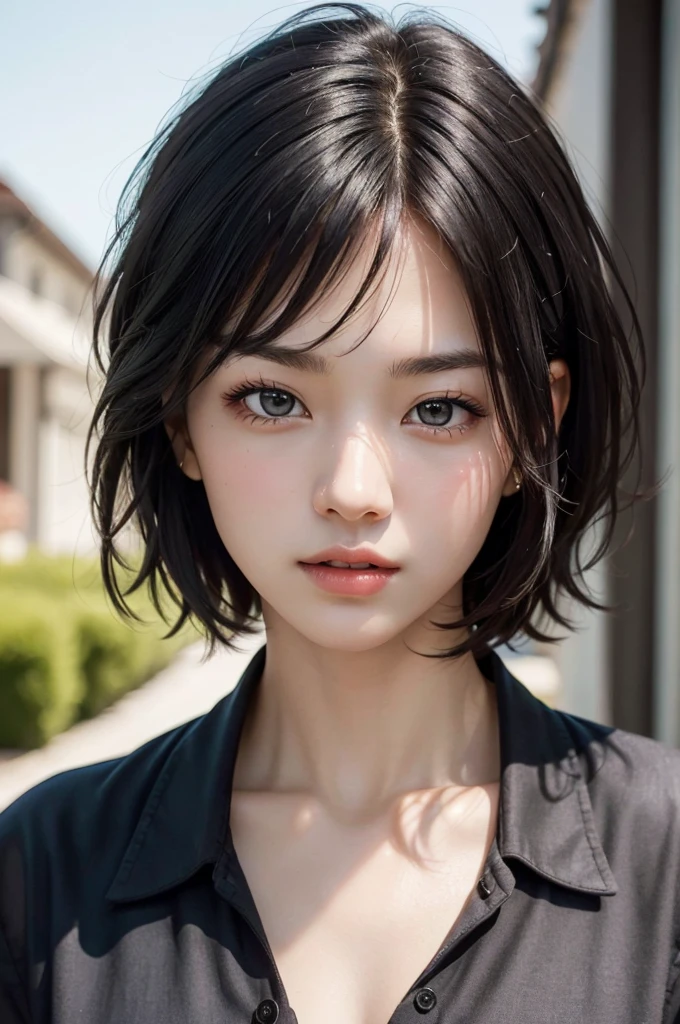 Highest quality、masterpiece、超High resolution、(Realistic:1.3)、RAW Photos、(One girl), Beautiful Face, (Realistic Face), (Black Hair、short hair:1.3), Beautiful Hairstyles, Realistic eyes, Beautiful fine details, (Realistic Skin), Beautiful Skin, (shirt), Confused, charm, 超High resolution, Ultra-realistic, High resolution, Golden Ratio、Mr.々Background